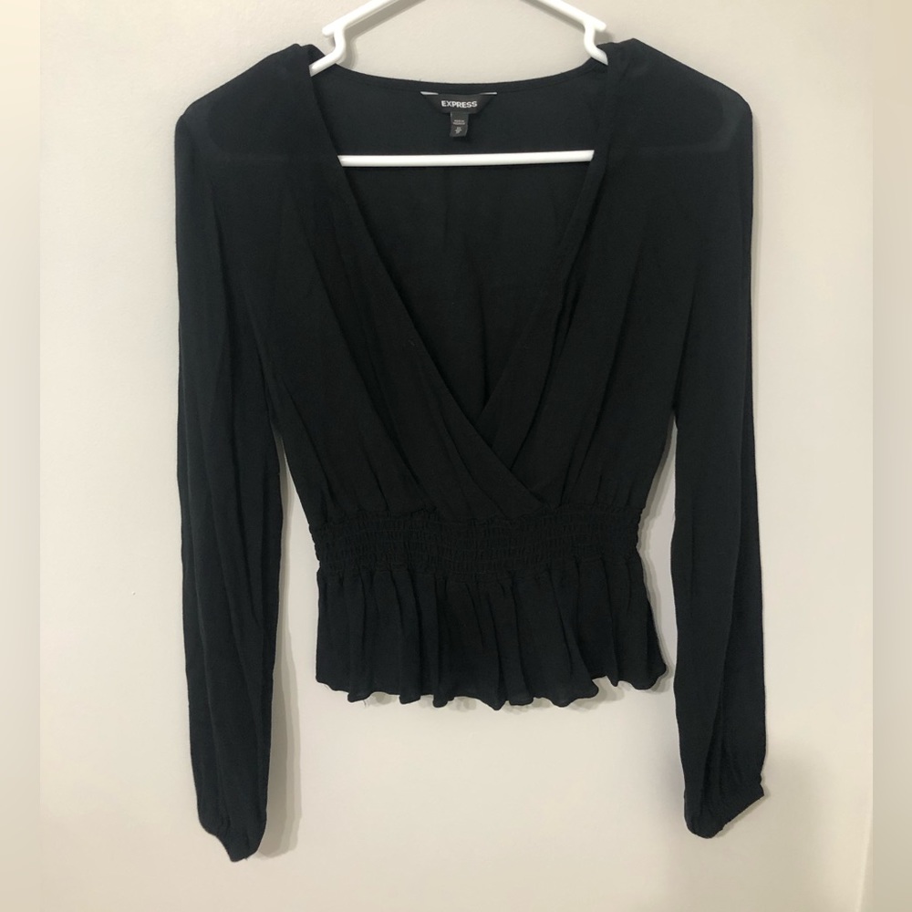 Express Black Smocked Waist Surplice Plunge Peplum Top